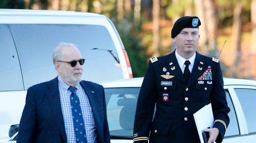 Attorneys for Bowe Bergdahl, Eugene R. Fidell and Army Lt. Col. Franklin D. Rosenblatt (right), arrive the Ft. Bragg military courthouse. (Getty)