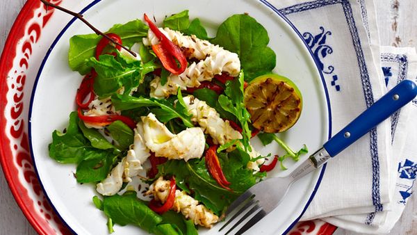 Barbecued squid, lime and chilli salad