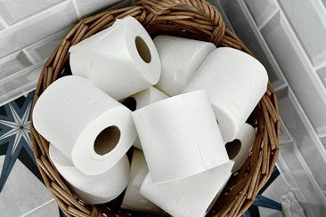 Directly above a wicker basket containing toilet rolls in a domestic bathroom