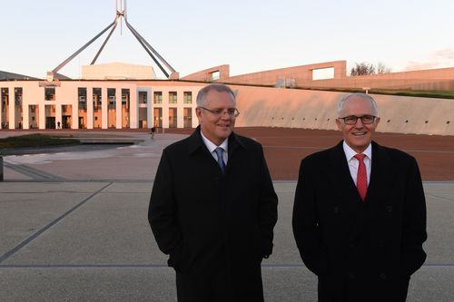 Prime Minister Malcolm Turnbull and Treasurer Scott Morrison outside Parliament House this morning. (AAP)