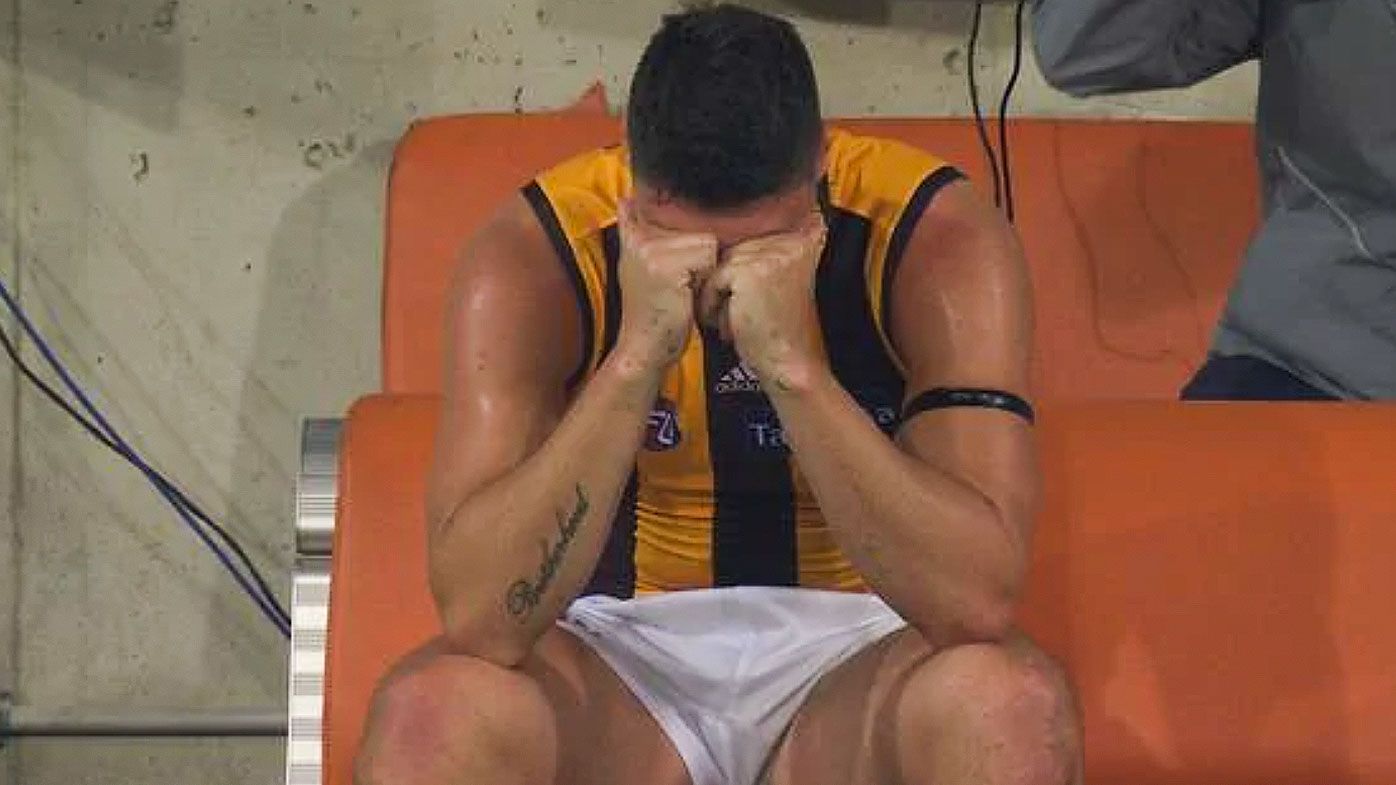 Hawthorn's Jonathon Patton reduced to tears after suffering hamstring injury   