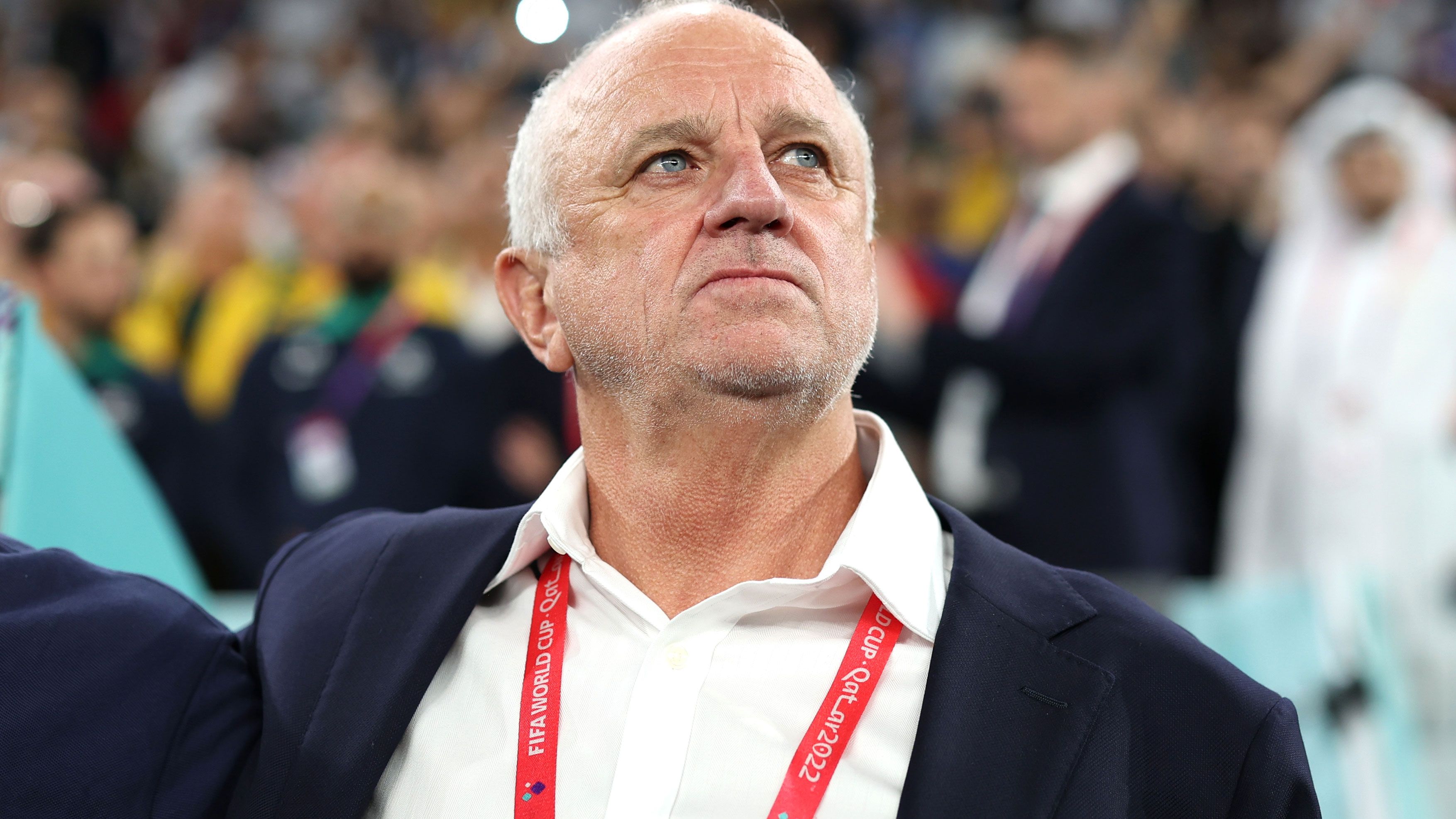 Graham Arnold, head coach of Australia, captured prior to the 2022 FIFA World Cup match  against France.