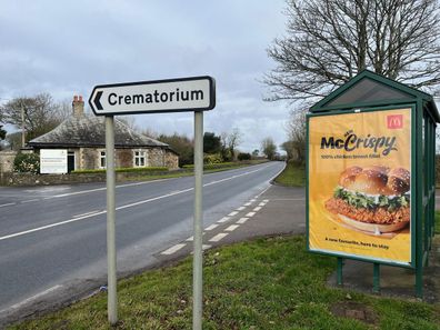 McDonald's McCrispy sign placed next to crematorium.