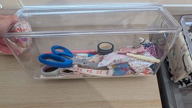 Sewing room storage makeover with Kmart's smooth and shiny plastic bins