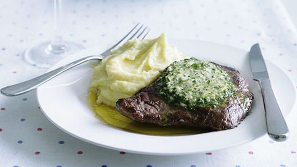 Onglet steak with green garlic butter and potato puree