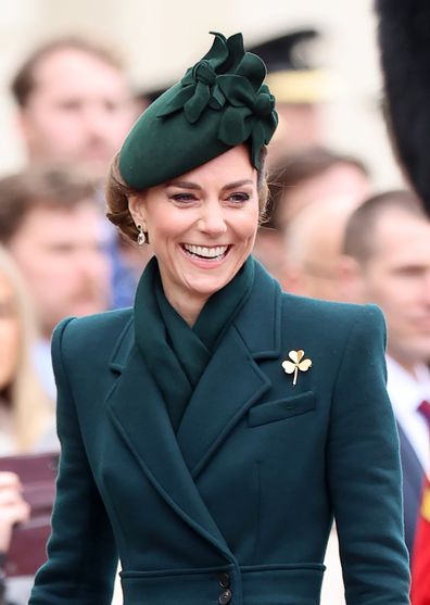 LONDON, ENGLAND - MARCH 17: Catherine, Princess of Wales smiles during the 2025 Irish Guards' St. Patrick's Day Parade at Wellington Barracks on March 17, 2025 in London, England. Catherine, Princess of Wales attends the parade as Colonel of the Regiment. (Photo by Chris Jackson/Getty Images)