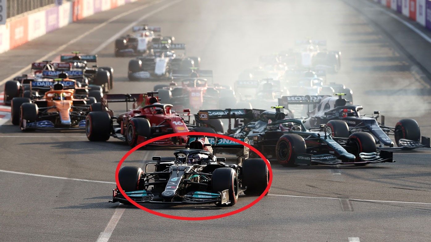 Lewis Hamilton is forced down the escape road at the Azerbaijan Grand Prix.