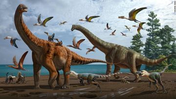 An artist&#x27;s illustration showing Silutitan sinensis (left) and Hamititan xinjiangensis (right), with other theropods and dinosaur species in the surroundings.