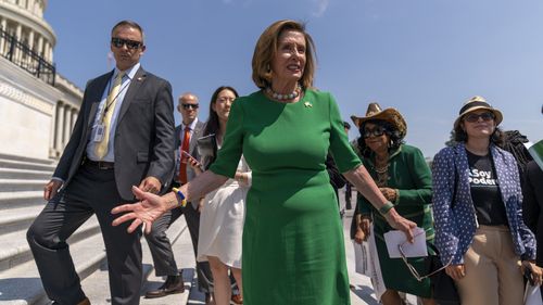 House Speaker Nancy Pelosi of Calif., speaks to supporters as she and female House Democrats hold an event ahead of a House vote on the Women's Health Protection Act and the Ensuring Women's Right to Reproductive Freedom Act at the Capitol in Washington, Friday, July 15, 2022. (AP Photo/Andrew Harnik)