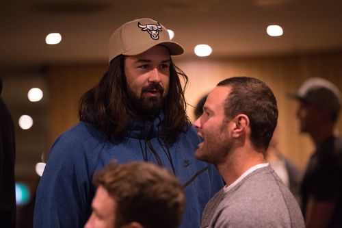 Blues teammates Aaron Woods and Boyd Cordner chat at the meeting. (AAP)