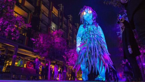 A six-metre puppet will interact with punters on Barangaroo boardwalk. (Destination NSW)