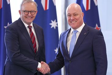  Australian Prime Minister Anthony Albanese and New Zealand Prime Minister Christopher Luxon shake hands during an Australia-New Zealand Leaders Meeting at Taramea.