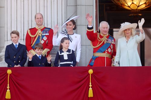  Prince George of Wales, Prince William, Prince of Wales, Prince Louis of Wales, Princess Charlotte of Wales, Catherine, Princess of Wales, King Charles III and Queen Camilla during Trooping the Colour at Buckingham Palace on June 15, 2024 in London, England. 