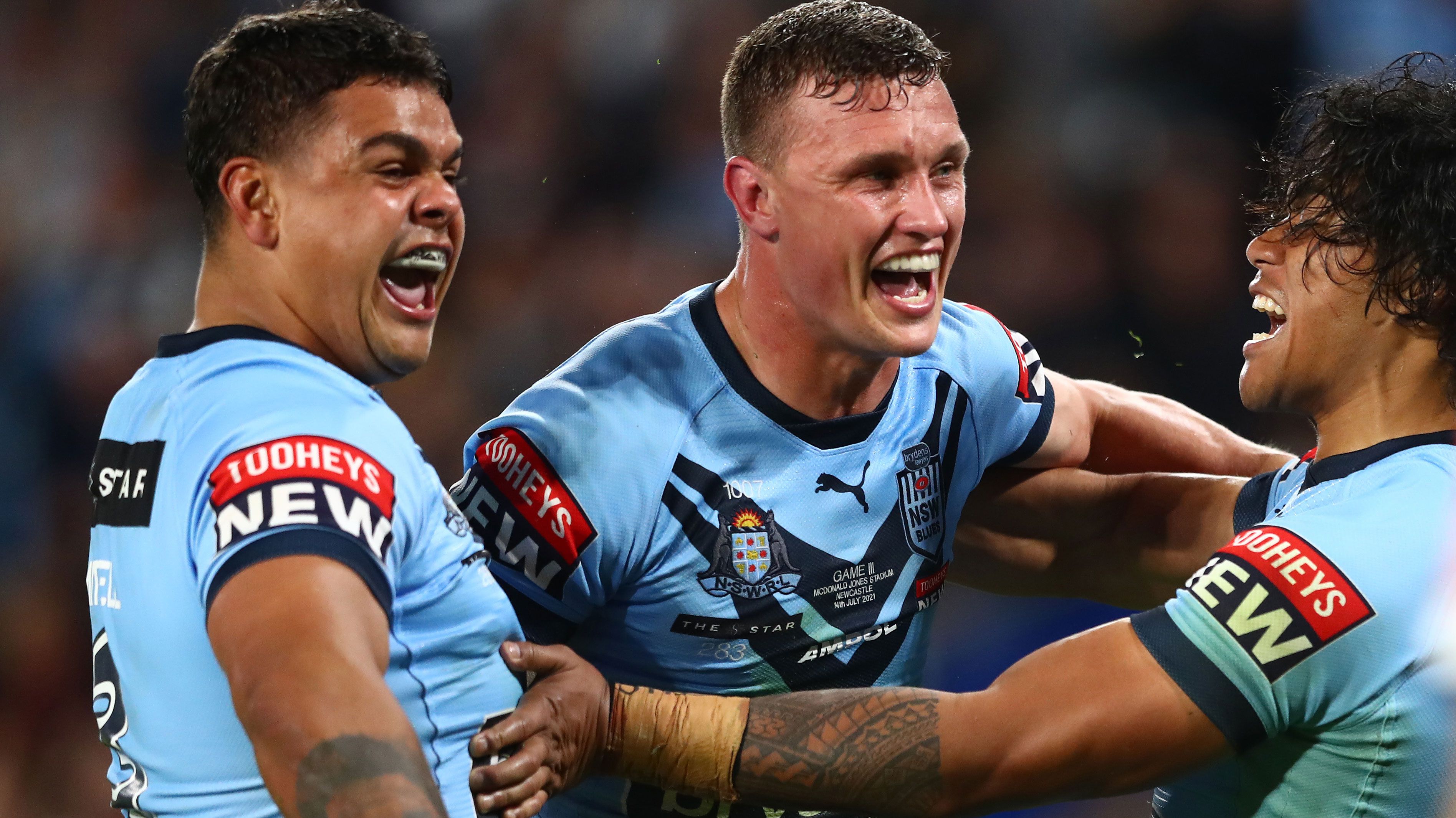 Jack Wighton of the Blues celebrates a try during game three of the 2021 State of Origin Series.