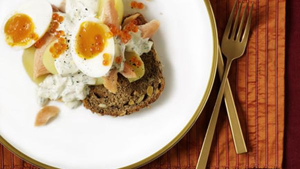 Smoked fish and egg salad on rye toasts