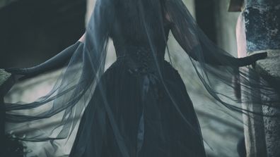 Back view of a beautiful black wedding gown, in Victorian style, with long, black flowing veil