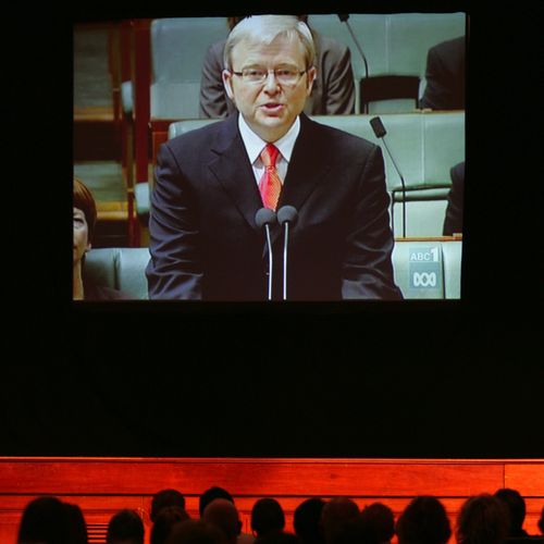 People at Newcastle town hall watch Prime minister Kevin Rudd on Television during his apology to the stolen generation  13th February 2008 .