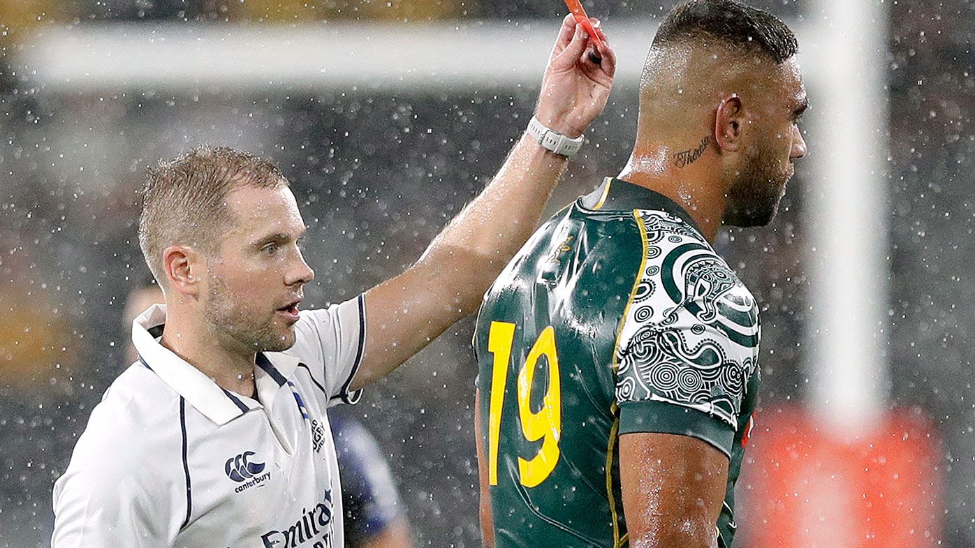 Australia&#x27;s Lukhan Salakaia-Loto, right, is given a red card by referee Angu Gardner during their Tri-Nations rugby union match against Argentina in 2020.