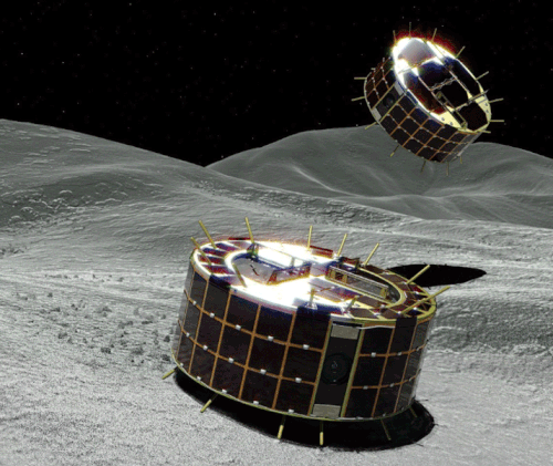 An artist impression from the by the Japan Aerospace Exploration Agency showing the rovers landing on the asteroid.