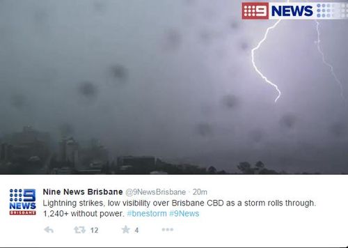 A twitter post showing lightning from the storms that hit Queensland's south-east. (supplied)