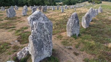 This aerial picture taken on August 4, 2019 shows the Carnac standing stones