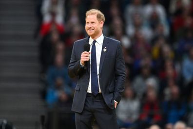 VANCOUVER, BRITISH COLUMBIA - FEBRUARY 08: Prince Harry, Duke of Sussex on stage during the opening ceremony of the 2025 Invictus Games at BC Place on February 08, 2025 in Vancouver, British Columbia.  (Photo by Samir Hussein/Samir Hussein/WireImage)