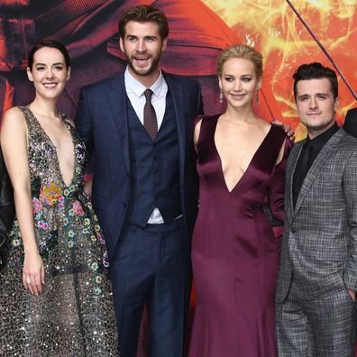 Producers John Kilik, Nina Jacobson, actors Jena Malone, Liam Hemsworth, Jennifer Lawrence, Josh Hutcherson, director Francis Lawrence, actress Willow Shields attend the world premiere of the film 'The Hunger Games: Mockingjay - Part 2' at CineStar on November 4, 2015 in Berlin, Germany.