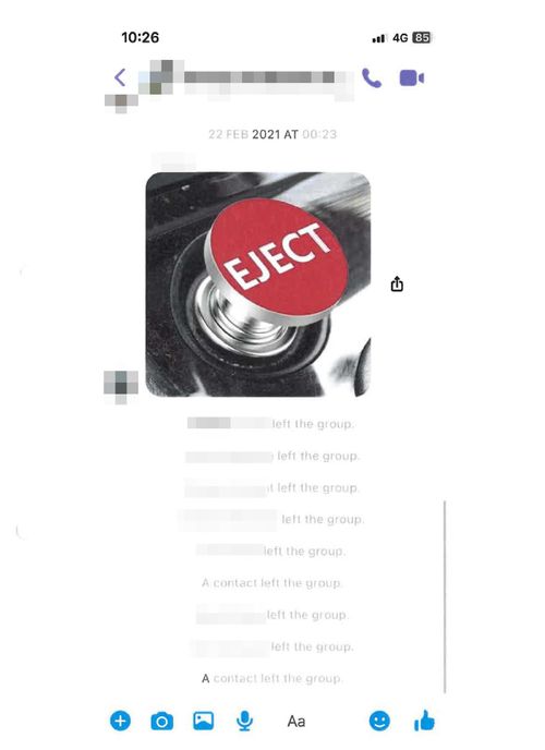 Lehrmann said after The Project broadcast a red "eject" button was posted in a Facebook chat.