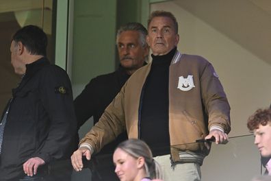 BRISBANE, AUSTRALIA - MAY 08: Kevin Costner is seen during the round nine AFL match between Brisbane Lions and Carlton Blues at The Gabba, on May 08, 2026, in Brisbane, Australia. (Photo by Albert Perez/Getty Images)