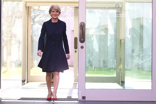 Julie Bishop arrives for a press conference at Parliament House in Canberra. (AAP)