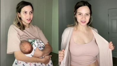 Left: Mum breastfeeding, Right: mum showing her uneven breasts