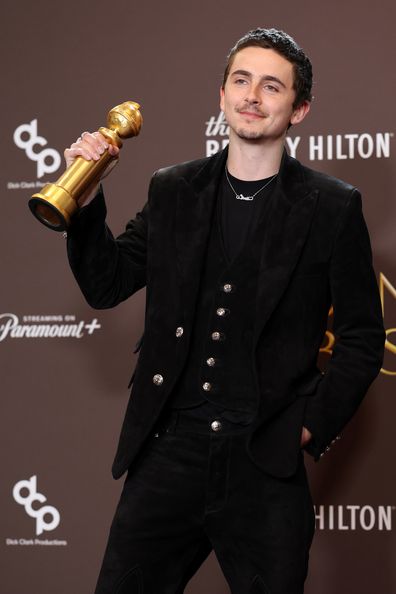 BEVERLY HILLS, CALIFORNIA - JANUARY 11: (FOR EDITORIAL USE ONLY) Timothée Chalamet, winner of the Best Performance by a Male Actor in a Motion Picture  Musical or Comedy Award for "Marty Supreme" poses in the press room during the 83rd Annual Golden Globe Awards at The Beverly Hilton on January 11, 2026 in Beverly Hills, California. (Photo by Amy Sussman/Getty Images)