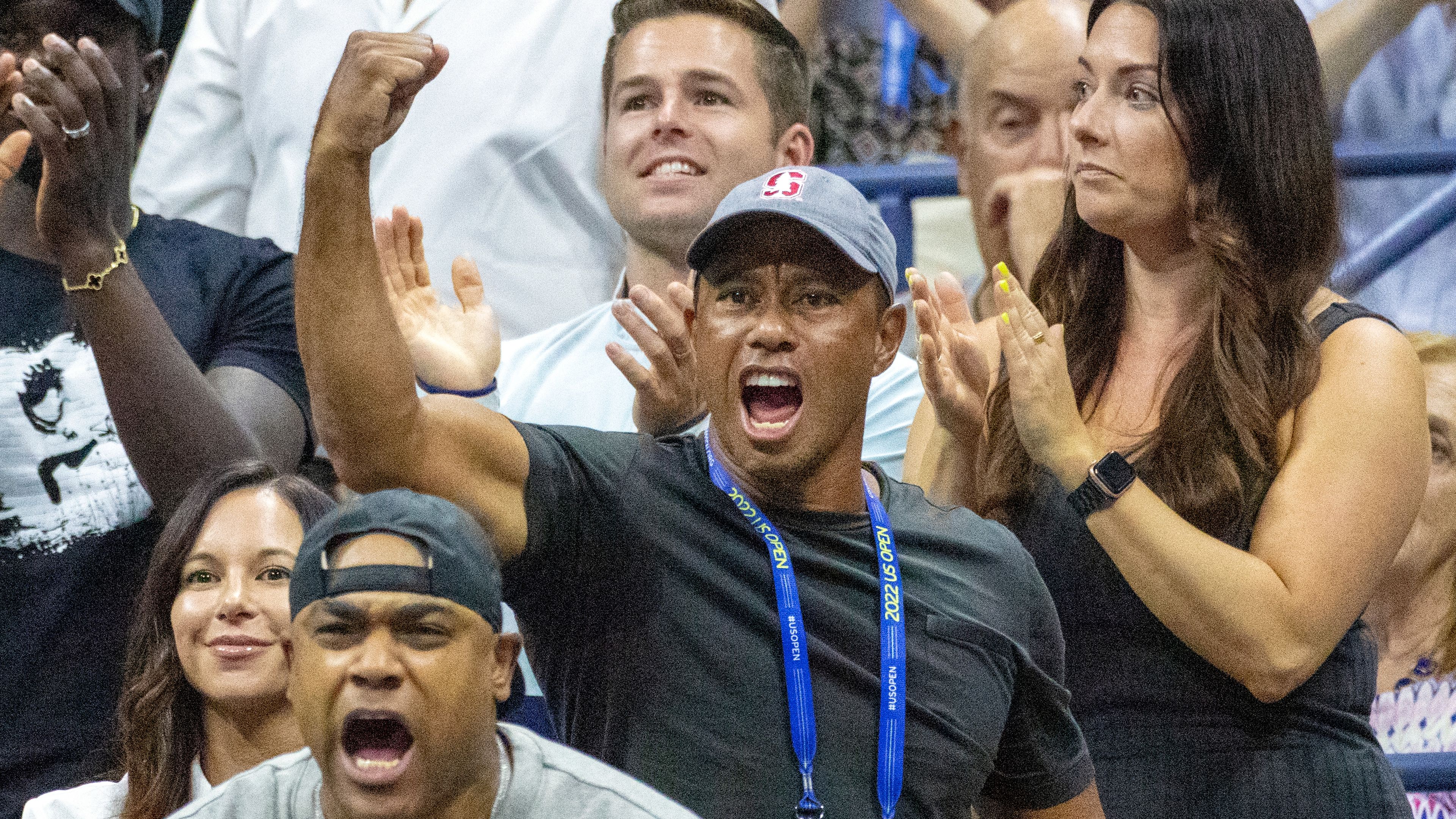 Tiger Woods reacts as Serena Williams wins the first set against Anett Kontaveit in the US Open second round. Photo: Tim Clayton