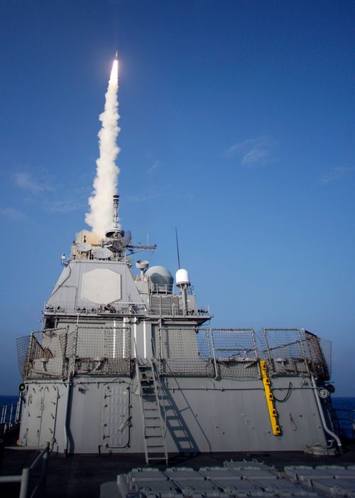 The USS Lake Erie launches a Standard Missile-3 at a non-functioning National Reconnaissance Office satellite as it travelled in space over the Pacific Ocean in 2008.