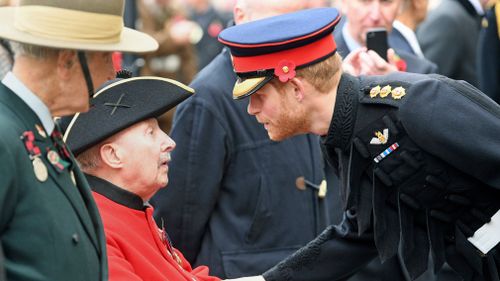 Britain's Prince Harry meets with veterans. (AAP)