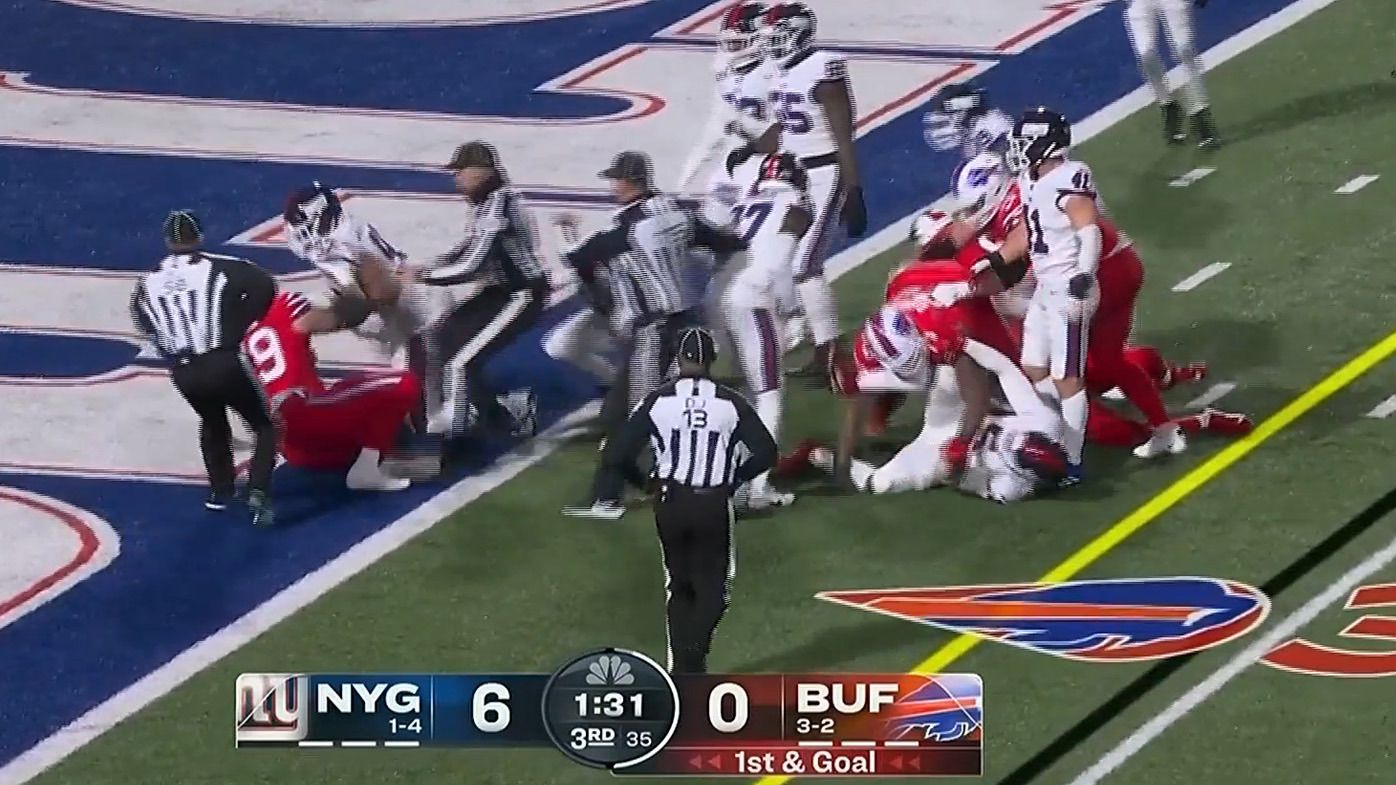 A fight breaks out during the Bills-Giants clash.