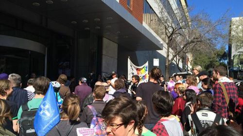 Activists protest against ban on Gayby Baby documentary outside Sydney newspaper office 