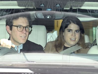 Jack Brooksbank and Princess Eugenie of York depart the Portland Hospital for Women on February 12, 2021 in London, United Kingdom