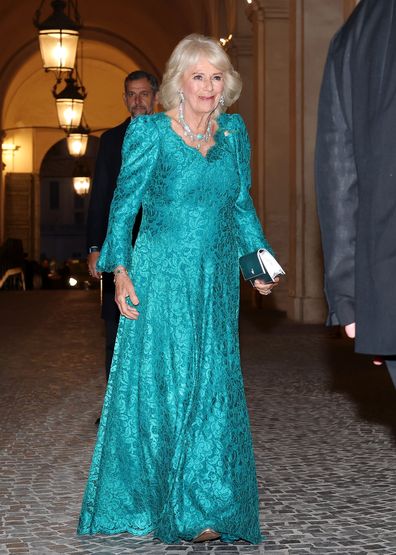 ROME, ITALY - APRIL 09: Queen Camilla during day three of King Charles III and Queen Camilla's State visit to The Republic of Italy on April 09, 2025 in Rome, Italy. Their Majesties will attend a State Banquet at the Palazzo Quirinale, hosted by The President. (Photo by Chris Jackson/Getty Images)
