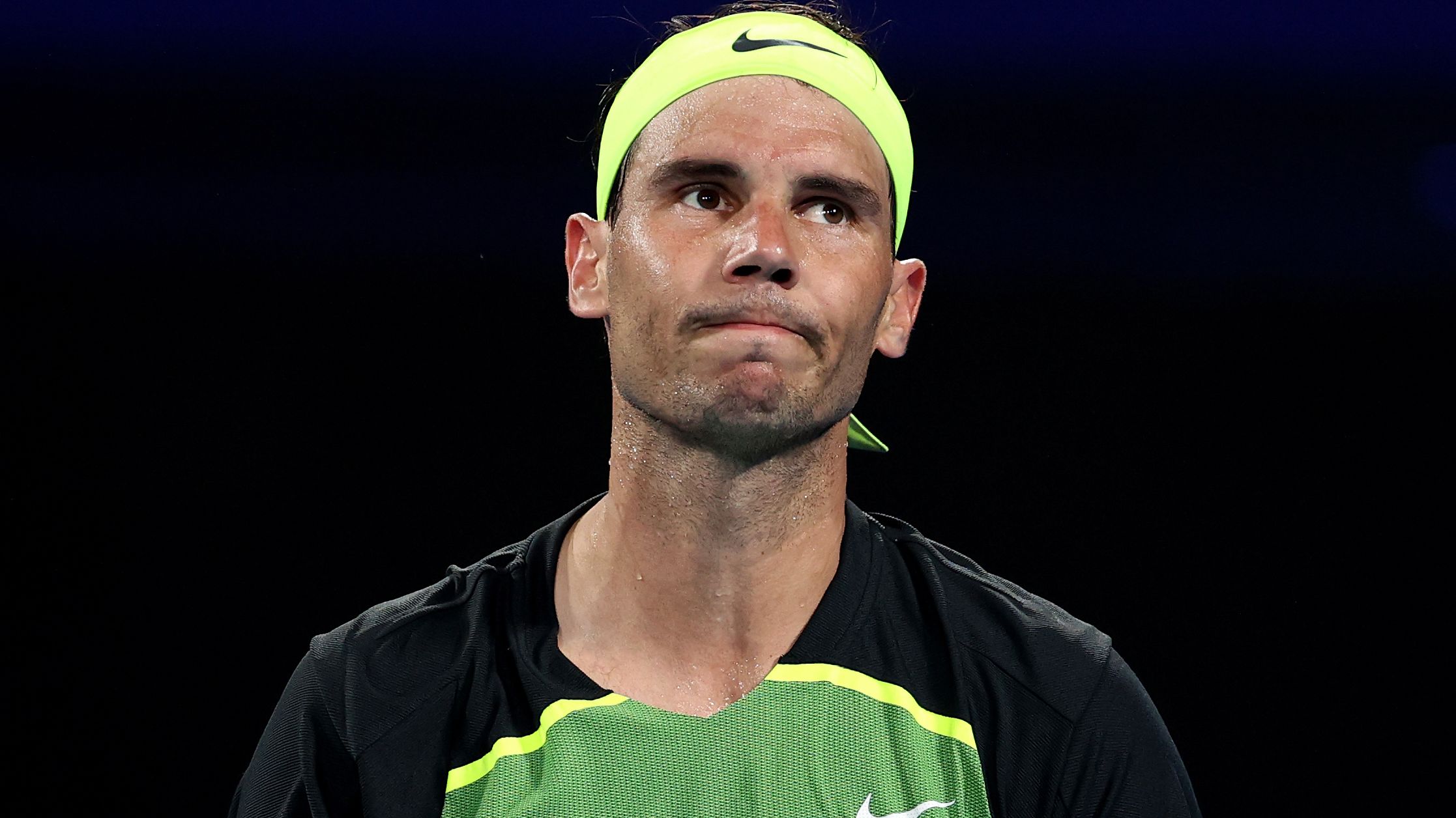 SYDNEY, AUSTRALIA - JANUARY 02: Rafael Nadal of Spain reacts in his group D match against Alex de Minaur of Australia during day five of the 2023 United Cup at Ken Rosewall Arena on January 02, 2023 in Sydney, Australia. (Photo by Brendon Thorne/Getty Images)