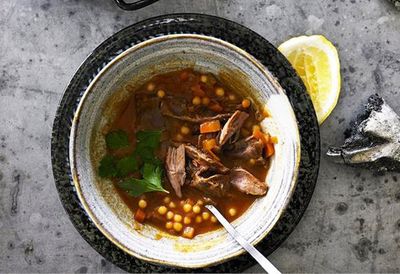 Cinnamon spiced lamb soup with pearl couscous
