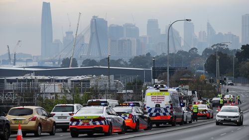 NSW Police perform roadside checks along the City West Link at Lilyfield, Sydney.