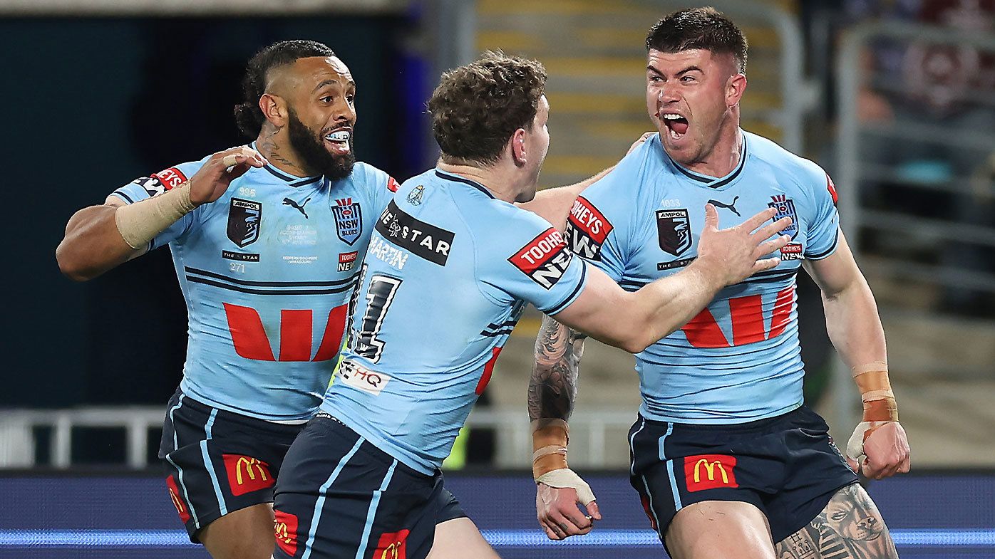 Bradman Best celebrates one of his two tries on Origin debut with Blues teammates Josh Addo-Carr and Liam Martin