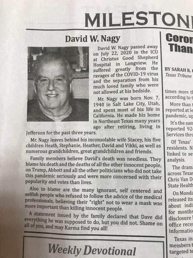 Man's obituary blasts people not taking coronavirus seriously