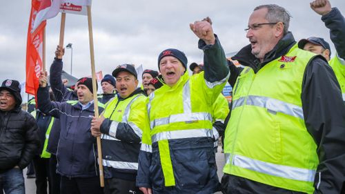 Dozens of drivers at the CDC Wyndham Depot this morning. Picture: AAP