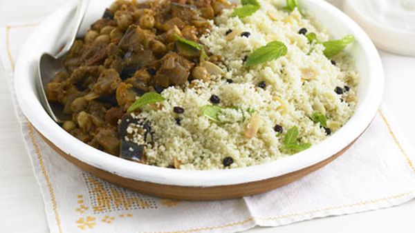 Eggplant and chickpeas with minted couscous