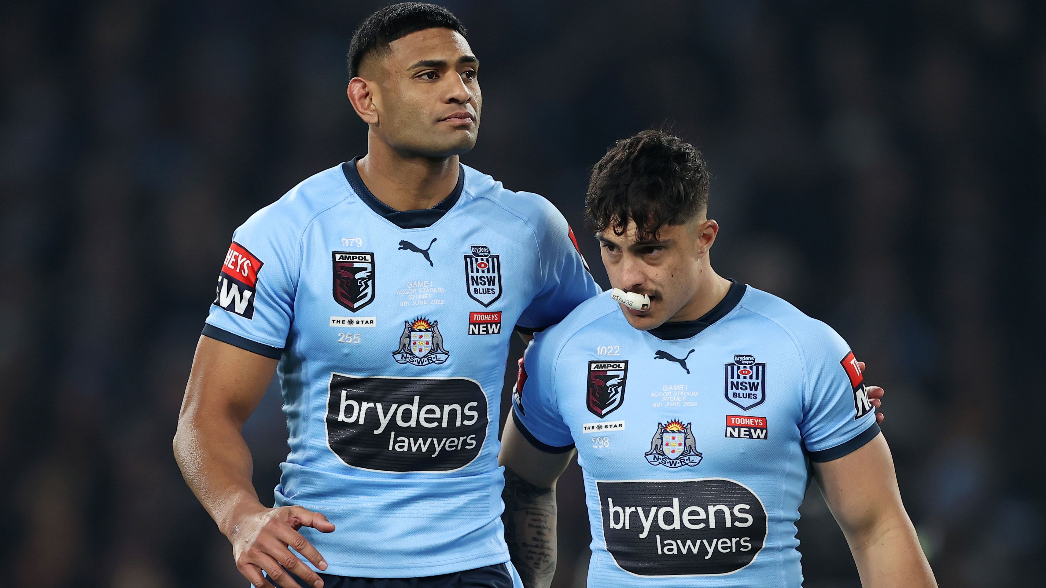 NSW teammates Daniel Tupou and Kotoni Staggs come together during State of Origin I.