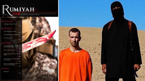 The second issue of the Islamic State’s new propaganda magazine Rumiyah; An IS militant stands next to British aid worker David Cawthorne Haines, who was beheaded.