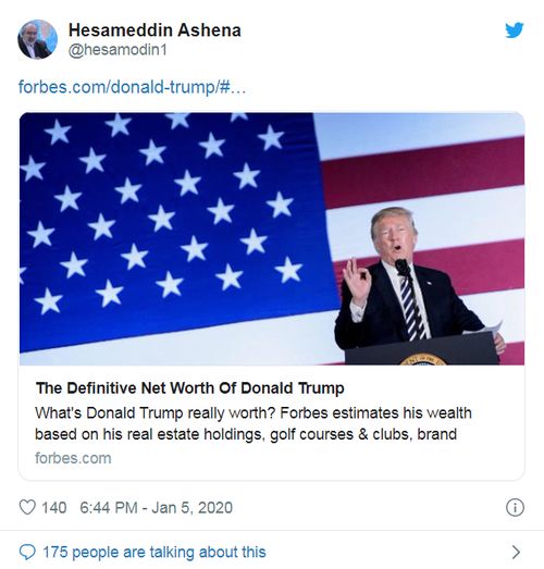 The tweet posted by Hesameddin Ashena, an advisor to the Iranian president, details the property empire and assets of US President Donald Trump.