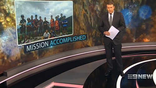 9NEWS presenter Peter Overton presenting the special bulletin once the boys and their coach were rescued. Picture: 9NEWS